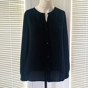 LOFT Black Sheer Band Collar Long Sleeves Top with pockets